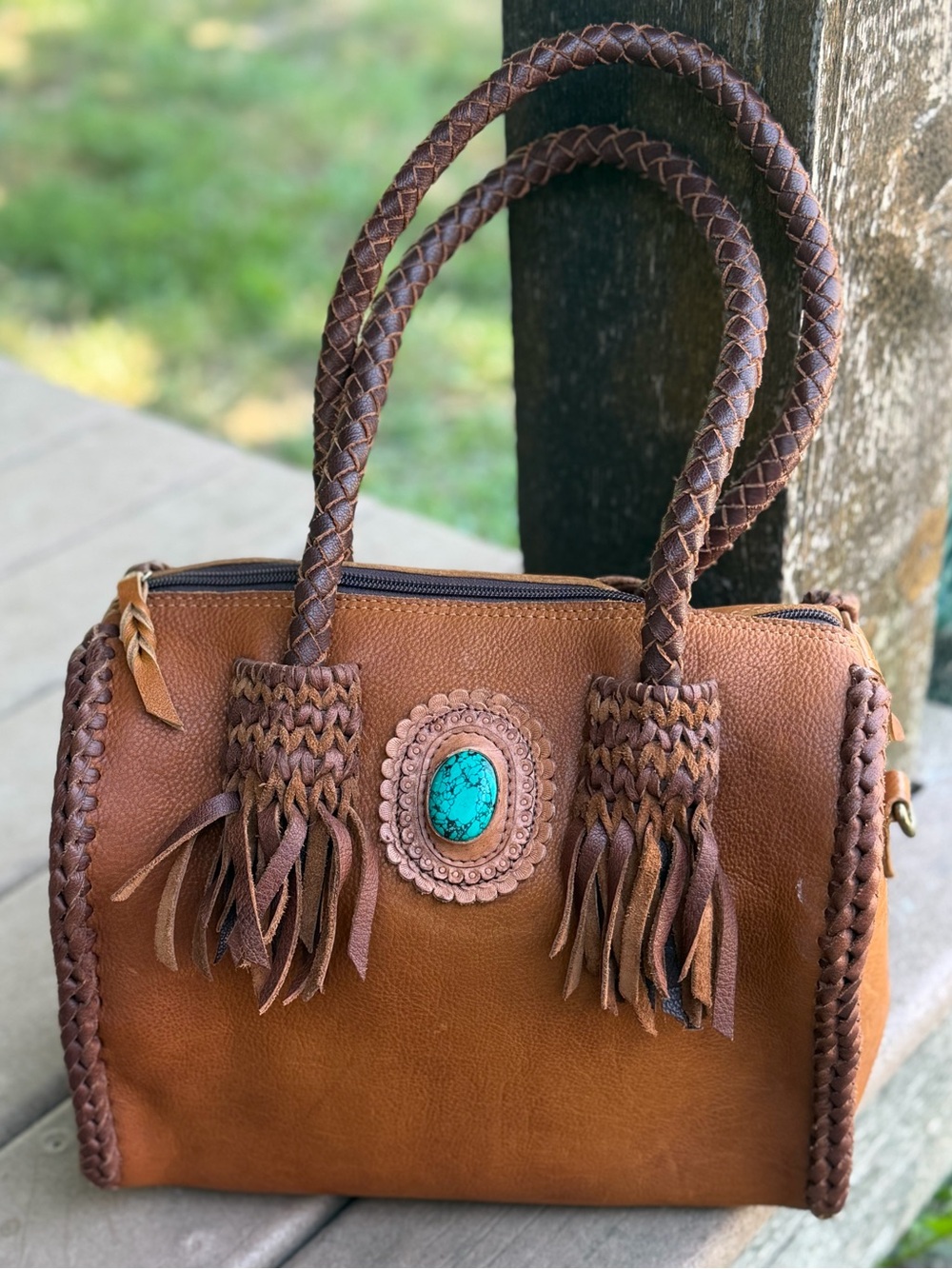 American Darling Western Leather Speedy Bag Turquoise Fringe rare factory error